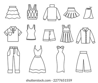 Set of line clothes. Minimalistic creativity and art. Pants, sweater and dress. Skirt and shorts. Collection of icons for website. Cartoon flat vector illustrations isolated on white background