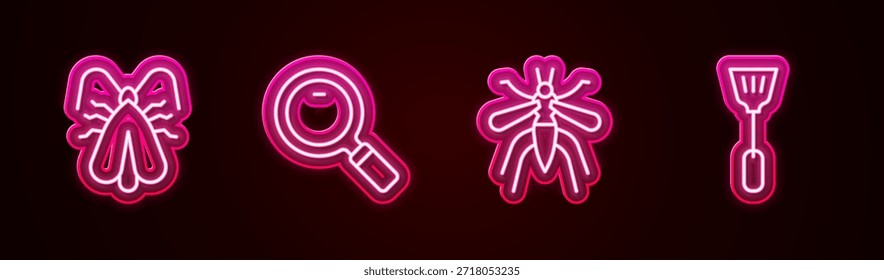 Set-Linie Kleidermotte, Lupe, Moskito und Fliegenklatsche. Leuchtendes Neonsymbol. Vektorgrafik