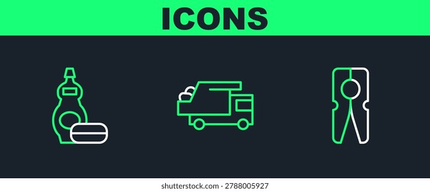 Set line Clothes pin, Dishwashing liquid bottle and Garbage truck icon. Vector