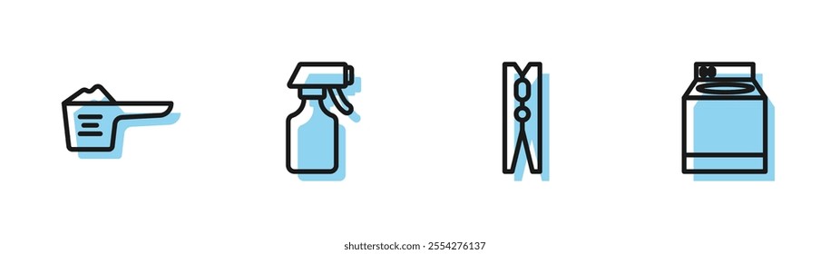 Set line Clothes pin, Washing powder, Water spray bottle and Washer icon. Vector