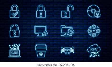 Set line Cloud api interface, Time Management, Open padlock, Lock on monitor, Broken cracked, and check mark, FTP folder and  icon. Vector