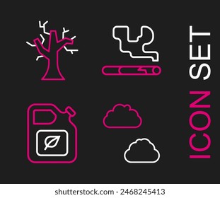 Set Line Cloud, Bio-Kraftstoff-Kanister, Zigarette und verdorrter Baum-Symbol. Vektorgrafik