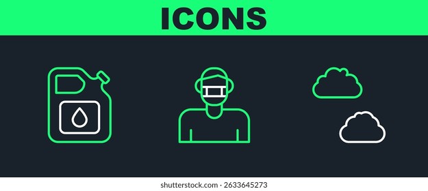 Set line Cloud, Canister for gasoline and Face protective mask icon. Vector