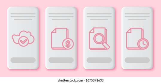 Set line Cloud with check mark, Finance document, Document with search and Document with clock. White rectangle button. Vector