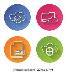 Set line Cloud with check mark, Cloud storage text document folder, XLS file document and Cloud and shield. Color circle button. Vector