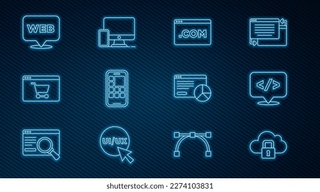 Set line Cloud computing lock, Front end development, UI or UX design, Mobile Apps, Online shopping screen, Web and graphic, Website statistic and Monitor mobile icon. Vector