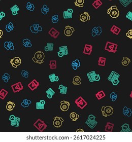 Set line Cloud computing lock, Server with shield, Ringing alarm bell and Tablet exclamation mark on seamless pattern. Vector