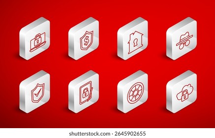Set line Cloud computing lock, Shield with dollar, House under protection, Incognito mode, Safe, Laptop and, Tablet closed padlock and check mark icon. Vector