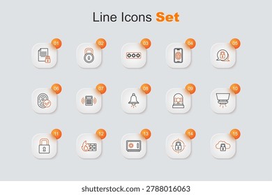 Set line Cloud computing lock, Lock, Safe, Firewall, security wall, sprinkler system, Ringing alarm bell and  icon. Vector