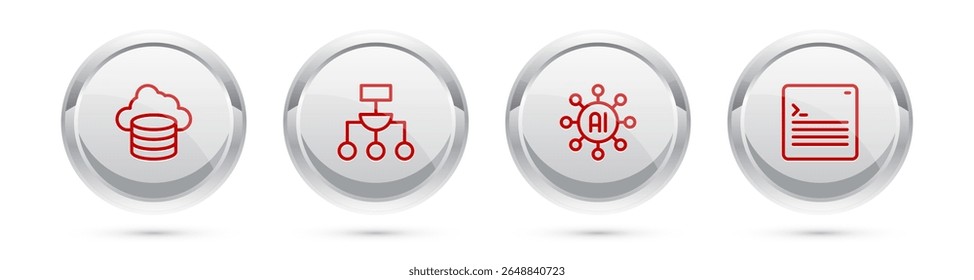 Defina o código de programação do desenvolvedor Web, da rede Neural, do Algoritmo e do banco de dados da Nuvem da linha. Botão círculo prateado. Vetor