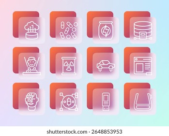 Set line Cloud banco de dados, tecnologia Blockchain Bitcoin, Fantástico carro voador, unidade flash USB, Barril de resíduos radioativos, Energy drink, conexão em nuvem de rede e ícone de bio-hacking de pílula médica. Vetor