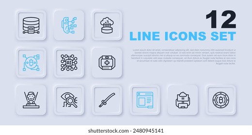 Set line Cloud database, Cryptocurrency coin Bitcoin, Neural network, Browser window, Blockchain technology, Eye scan, Humanoid robot and Katana icon. Vector