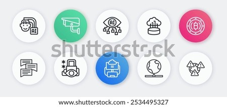 Set line Cloud database, Cryptocurrency coin Bitcoin, Speech bubble chat, Global technology, Network cloud connection, Computer vision, Earth with exclamation mark and Cyber security icon. Vector