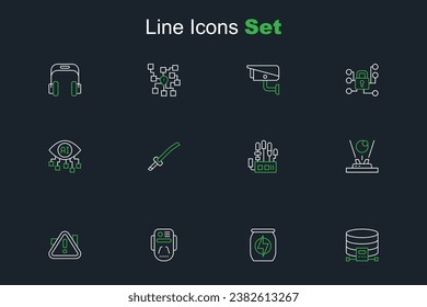 Set line Cloud database, Energy drink, Artificial intelligence robot, Exclamation mark triangle, Hologram, Mechanical hand, Katana and Computer vision icon. Vector