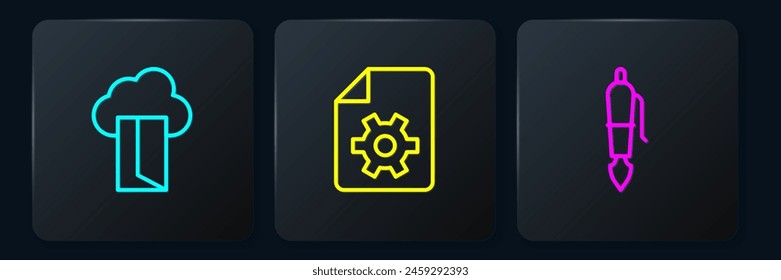 Set line Cloud database, Fountain pen nib and Document settings. Black square button. Vector