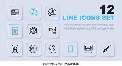 Set line Cloud database, Katana, Computer vision, Mobile phone, Radioactive waste in barrel, Processor CPU, Humanoid robot and Global technology icon. Vector