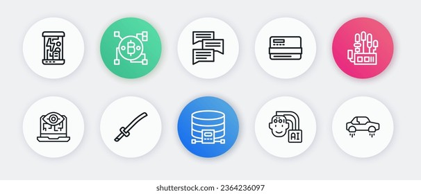 Set line Cloud database, Mechanical robot hand, Computer vision, Humanoid, Credit card, Speech bubble chat, Fantastic flying and Katana icon. Vector