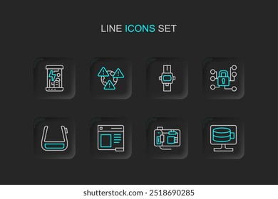 Set line Cloud database, Motherboard, Browser window, Smart glasses on spectacles, Cyber security, Wrist watch, Earth with exclamation mark and Cryogenic capsules icon. Vector