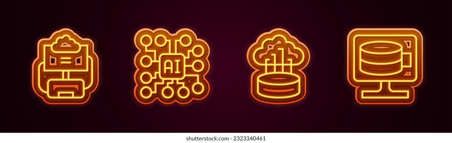 Set line Cloud database, Neural network, Network cloud connection and . Glowing neon icon. Vector