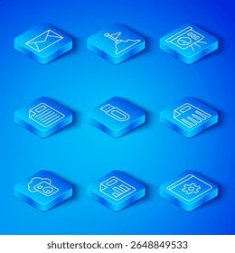 Set line Cloud database, USB flash drive, Document with graph chart, Paper shredder, Board, File document, Mail and e-mail and Browser setting icon. Vector
