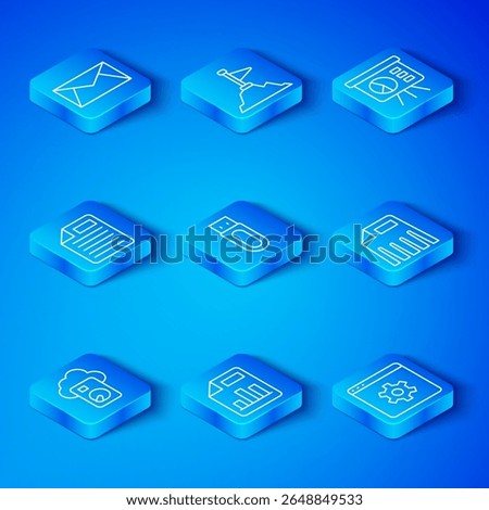 Set line Cloud database, USB flash drive, Document with graph chart, Paper shredder, Board, File document, Mail and e-mail and Browser setting icon. Vector
