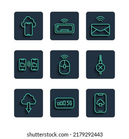 Establecer la descarga en la nube de línea, Internet inalámbrico 5G, datos de tecnología, correo electrónico y correo electrónico, ratón para equipos inalámbricos, almacenamiento de transferencia de datos y icono Sin jack de audio. Vector