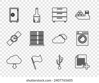 Set line Cloud download, Add new file, Furniture nightstand, Flag, Safe, Server, Data, Web Hosting, USB and Washer icon. Vector