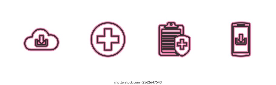 Set line Cloud download, Clipboard with medical insurance, Medical cross circle and Smartphone icon. Vector