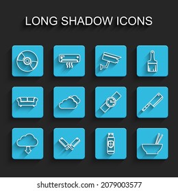 Set line Cloud download, Crossed meat chopper, CD or DVD disk, USB flash drive and shield, Bowl with chopsticks, Meat and Wrist watch icon. Vector