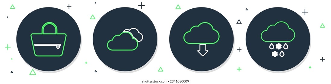 Set line Cloud, download, Handbag and with snow rain icon. Vector
