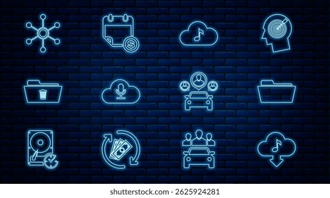 Set line Cloud download music, Folder, Music streaming service, Delete folder, Network, Car sharing and Financial calendar icon. Vector