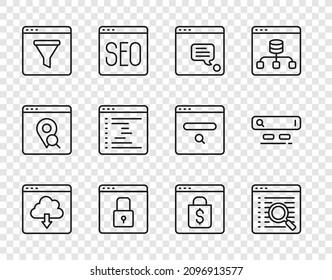 Set line Cloud download, Search engine, New chat messages notification, Secure your site with HTTPS, SSL, Browser window, Online shopping screen and  icon. Vector