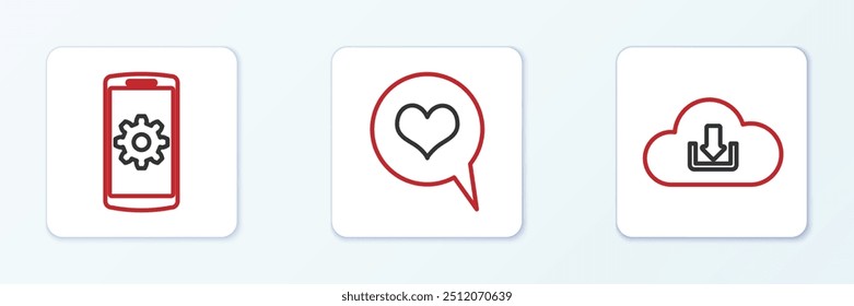 Set line Cloud download, Setting on smartphone and Heart speech bubble icon. Vector