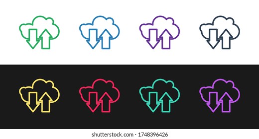 Set line Cloud Download und Upload Symbol einzeln auf schwarz-weißem Hintergrund. Vektorgrafik