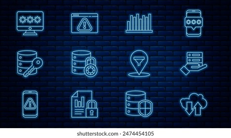 Descarga y Cargar en la nube, Servidor, Datos, Alojamiento de Web, Infografía de gráfico circular, seguridad con candado, llave, Contraseña de monitor, embudo de ventas de Locación e icono de signo de exclamación del navegador. Vector