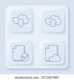 Set line Cloud download, Cloud upload, Document and check mark and Cloud storage text document. White square button. Vector