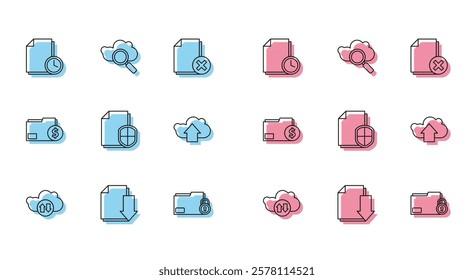 Set line Cloud download and upload, Document with, clock, Folder, protection concept, Finance document folder and Search cloud computing icon. Vector