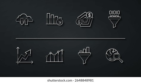 Set line Cloud download and upload, Financial growth, Binary code, Sales funnel with chart, Pie infographic, decrease, Search globe and  icon. Vector