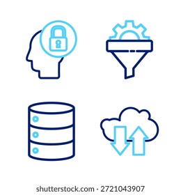 Descarga y Cargar en la nube, servidor, datos, alojamiento de Web, embudo de ventas con engranaje e ícono de bloqueo de cabeza humana. Vector