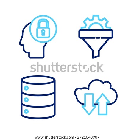 Set line Cloud download and upload, Server, Data, Web Hosting, Sales funnel with gear and Human head lock icon. Vector