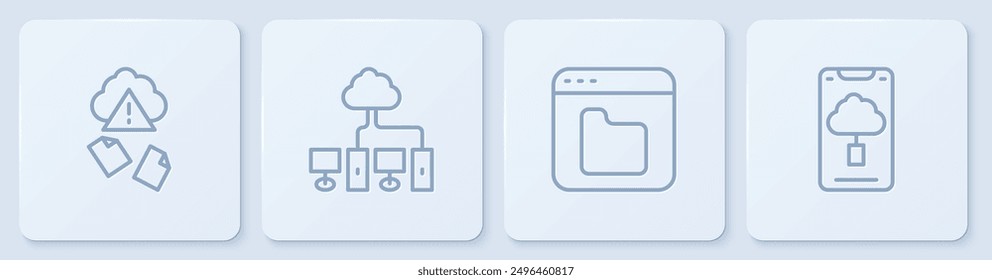 Set line Cloud hacking, Browser files, Computer network and technology data transfer. White square button. Vector