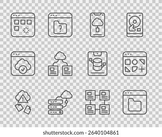 Set line Cloud hacking, Browser files, technology data transfer, Network cloud connection, Loading window, Hierarchy organogram chart and Different icon. Vector