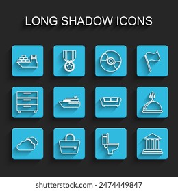 Set line Cloud, Handbag, Cargo ship, Toilet bowl, Bank building, Ship, Covered with tray of food and Sofa icon. Vector