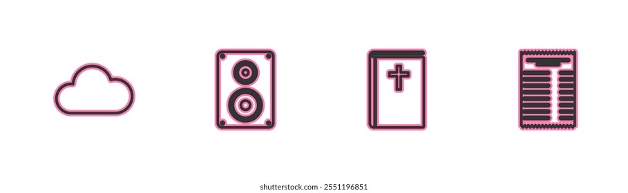 Set line Cloud, Holy bible book, Stereo speaker and Paper or financial check icon. Vector