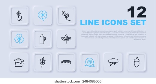Set line Cloud and lightning, Acorn, Thermos container, Leaf, Clover, Four leaf clover and Homemade pie icon. Vector
