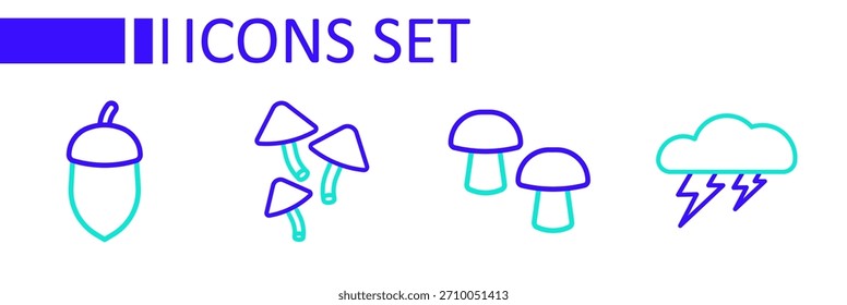 Set line Cloud and lightning, Mushroom,  and Acorn icon. Vector