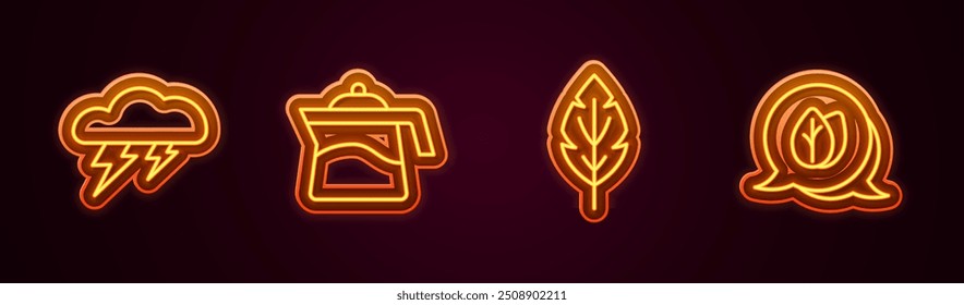 Set line Cloud and lightning, Teapot, Leaf and . Glowing neon icon. Vector