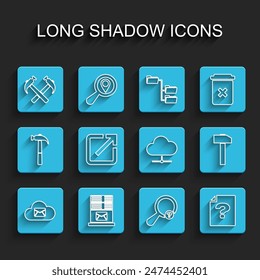 Set line Cloud mail server, Mail, Two crossed hammers, Unknown search, document, Open in new window, Hammer and Network cloud connection icon. Vector