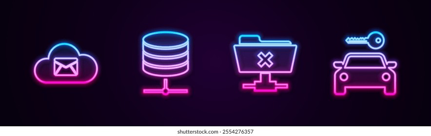 Set line Cloud mail server, Server, Data, Web Hosting, FTP cancel operation and Car rental. Glowing neon icon. Vector