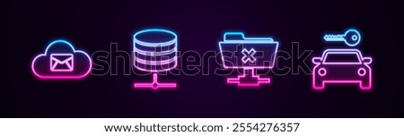 Set line Cloud mail server, Server, Data, Web Hosting, FTP cancel operation and Car rental. Glowing neon icon. Vector